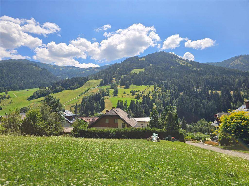 Weitläufige grüne Wiesen mit Häusern und bewaldeten Bergen im Hintergrund unter strahlend blauem Himmel.