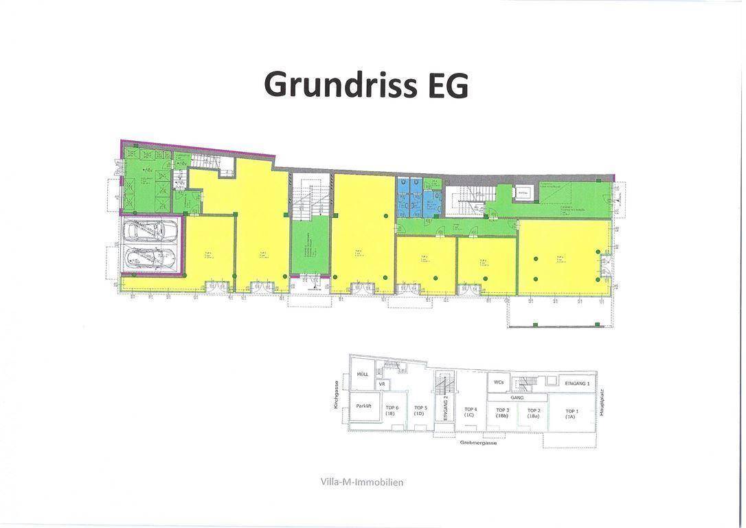 Detaillierter Grundriss des Erdgeschosses mit mehreren Wohneinheiten und deren Aufteilung.