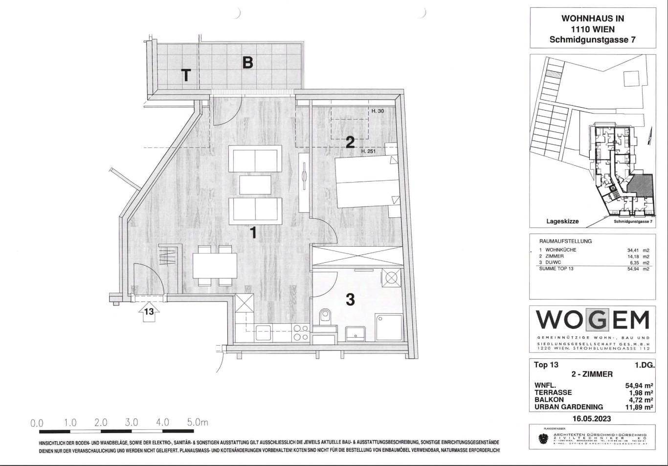 Grundriss einer 2-Zimmer-Wohnung mit offenem Wohnbereich, Terrasse und Balkon.
