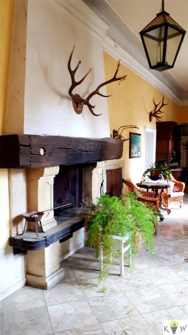 Historischer Eingangsbereich mit großem Kamin, Steinboden und traditioneller Geweihdekoration an der Wand.