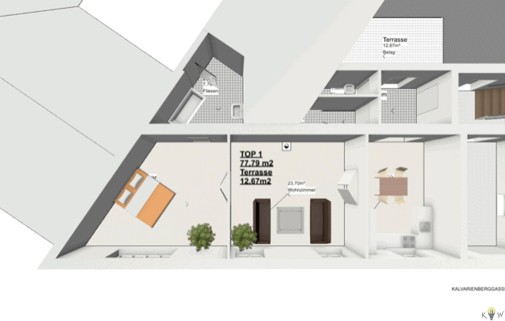 3D-Grundriss einer Wohnung mit Schlafzimmer, Wohnzimmer, Bad und großer Terrasse.
