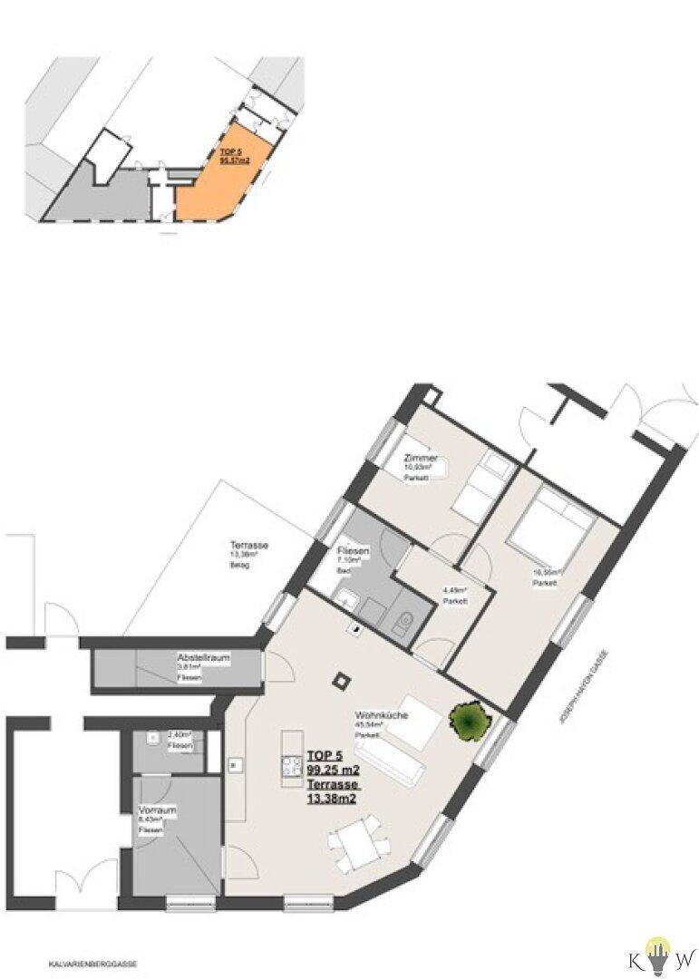 Grundriss einer modernen Wohnung mit offenem Wohnbereich, Terrasse und Balkon.