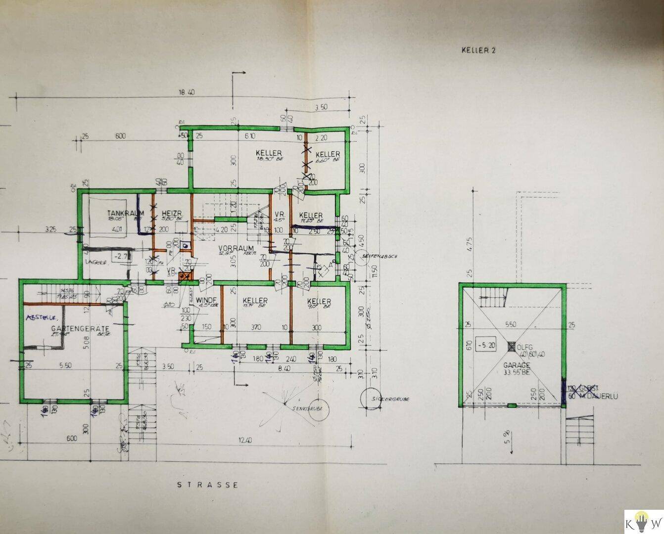 Grundriss des Kellers mit verschiedenen Kellerräumen, Garage und Heizraum.