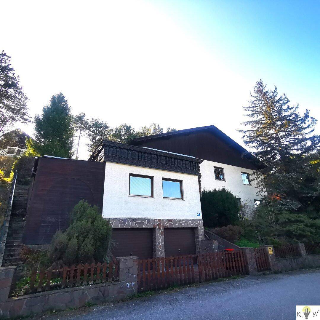 Ansicht des Hauses mit Doppelgarage und umgebender Natur unter klarem Himmel.