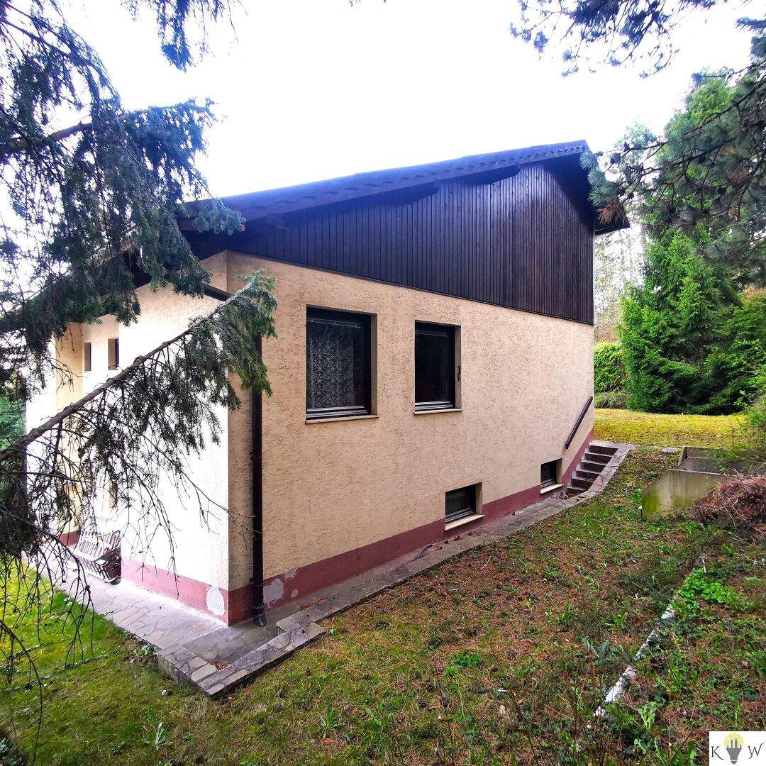Seitenansicht des Hauses mit Hanglage und naturbelassenem Gartenbereich.