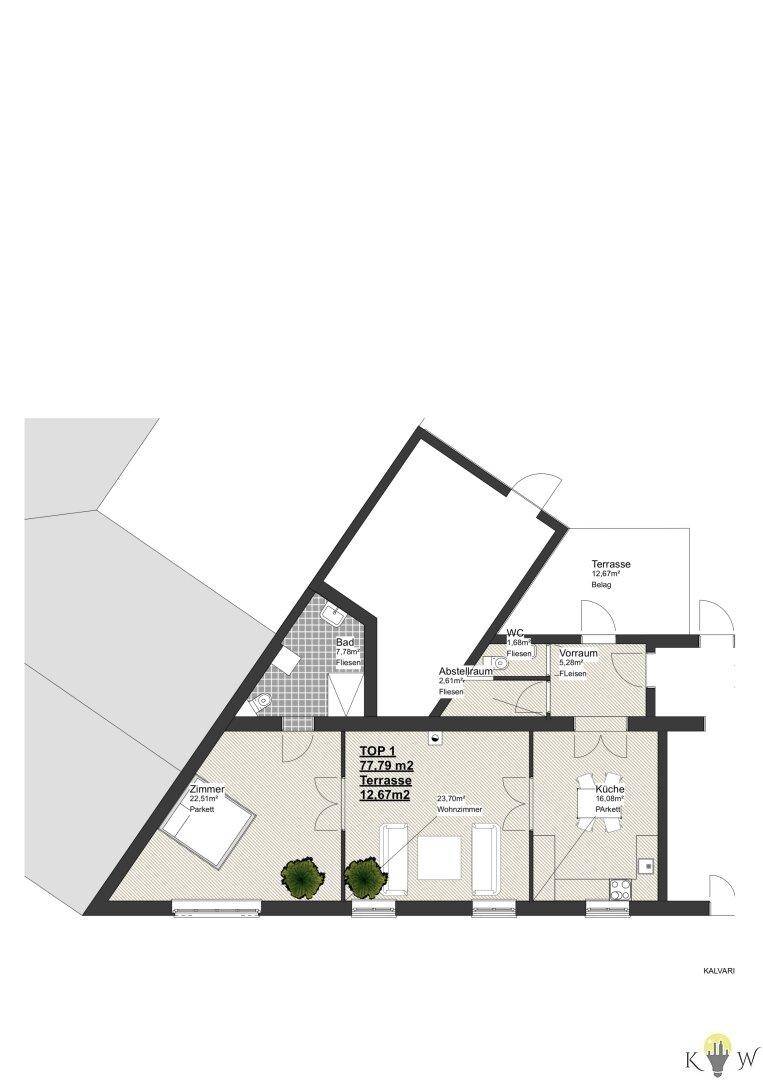 Grundriss einer Wohnung mit schrägen Wänden, Terrasse, Bad, WC und Abstellraum.