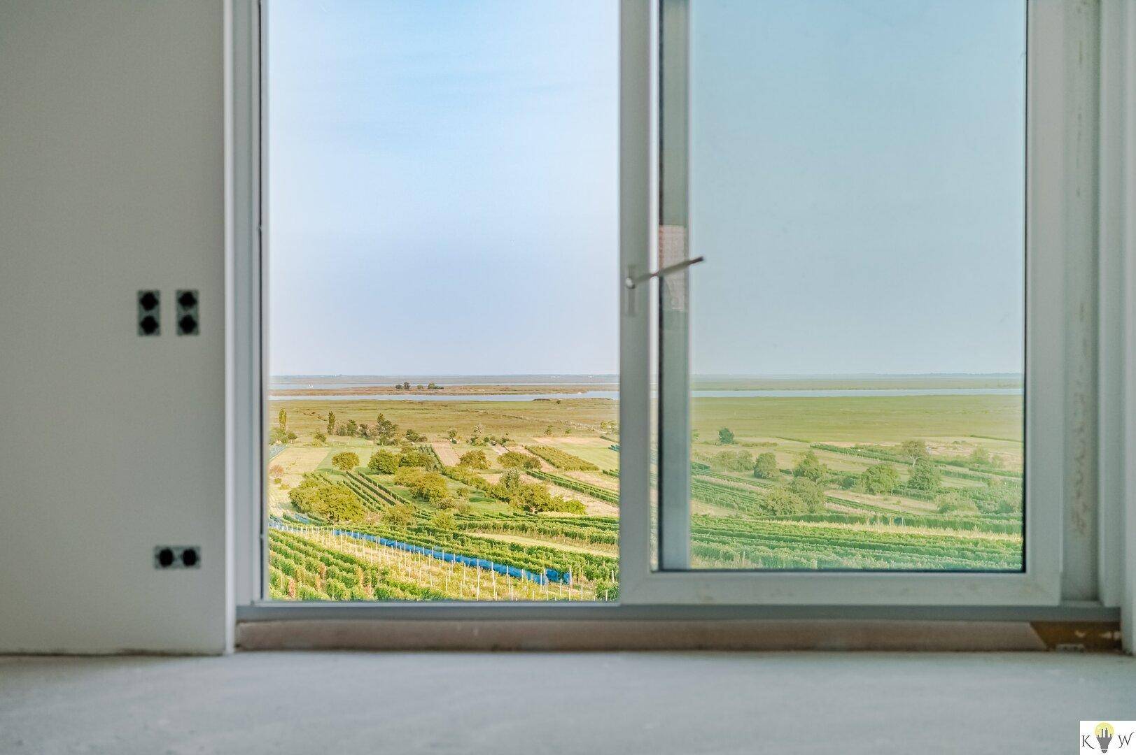 Unfertiger Raum mit großen Fenstern und weitem Blick auf Weinberge und Landschaft.