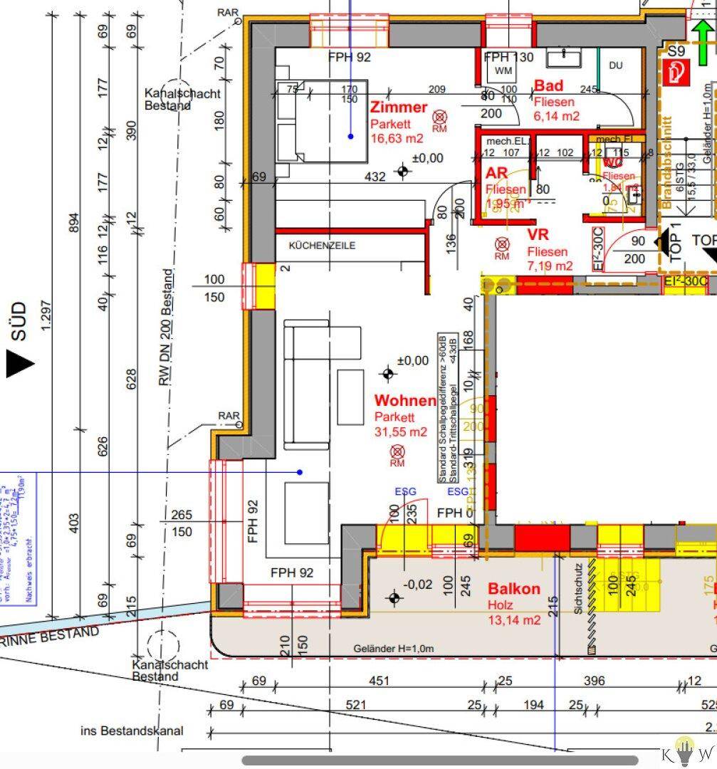 Detaillierter Grundriss einer Wohnung mit Balkon, Wohnbereich und mehreren Zimmern.