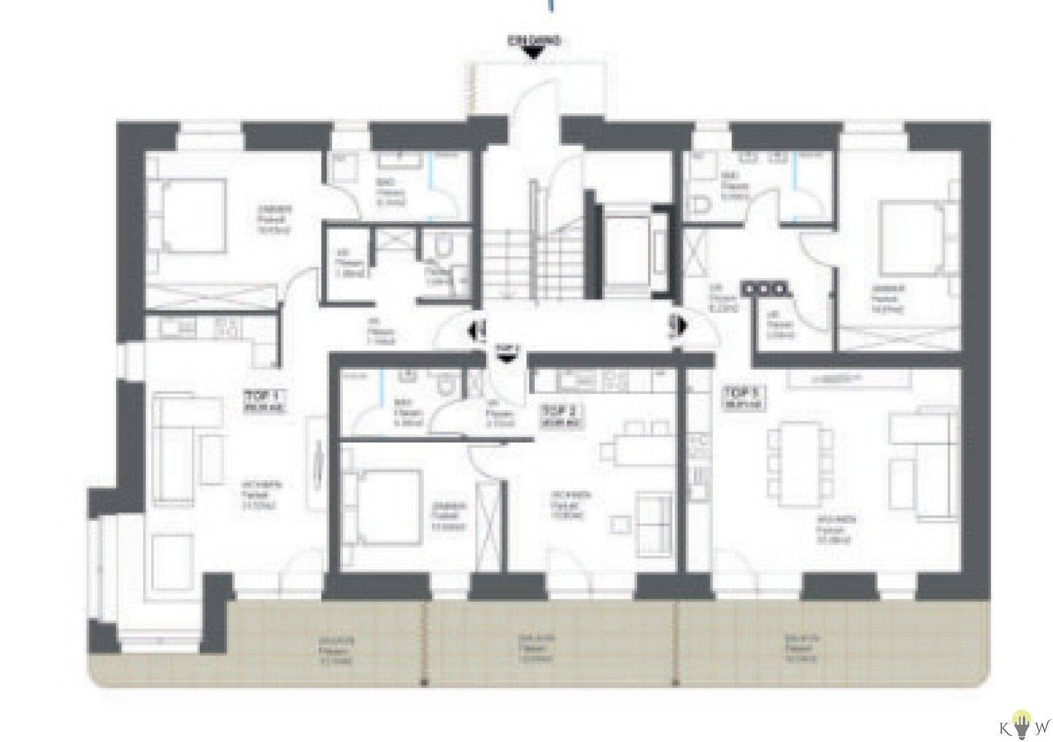 Übersichtlicher Grundriss einer Etage mit mehreren Wohneinheiten und Balkonen.