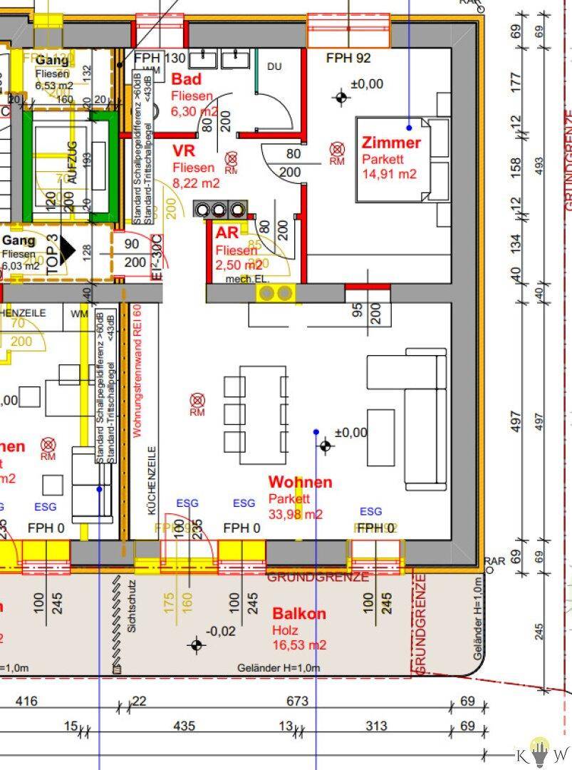 Detaillierter Grundriss einer Wohnung mit Wohnzimmer, Bad und Balkon.