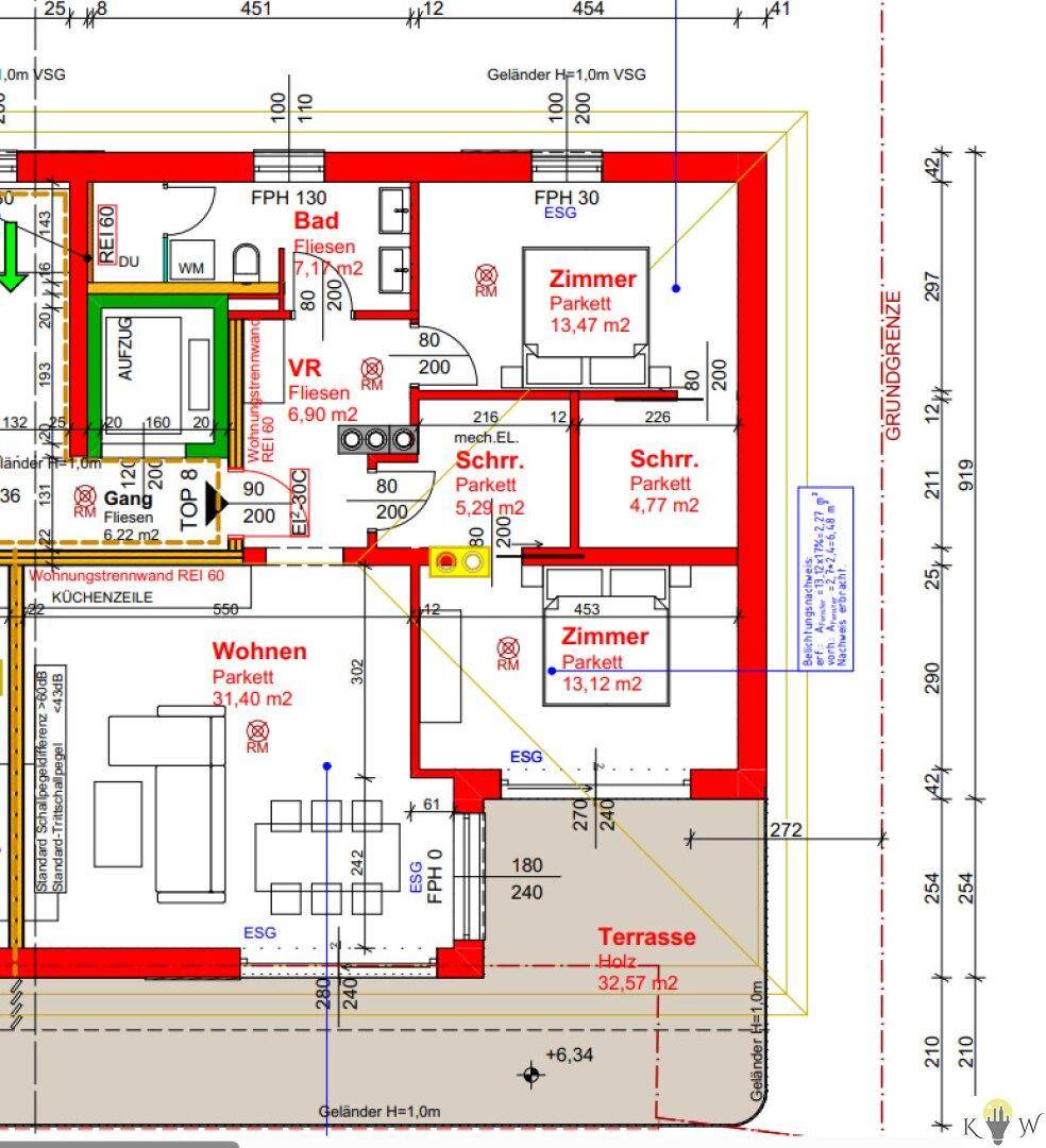 Detaillierter Grundriss einer Wohnung mit Wohnzimmer, Küche, Bad und Terrasse.