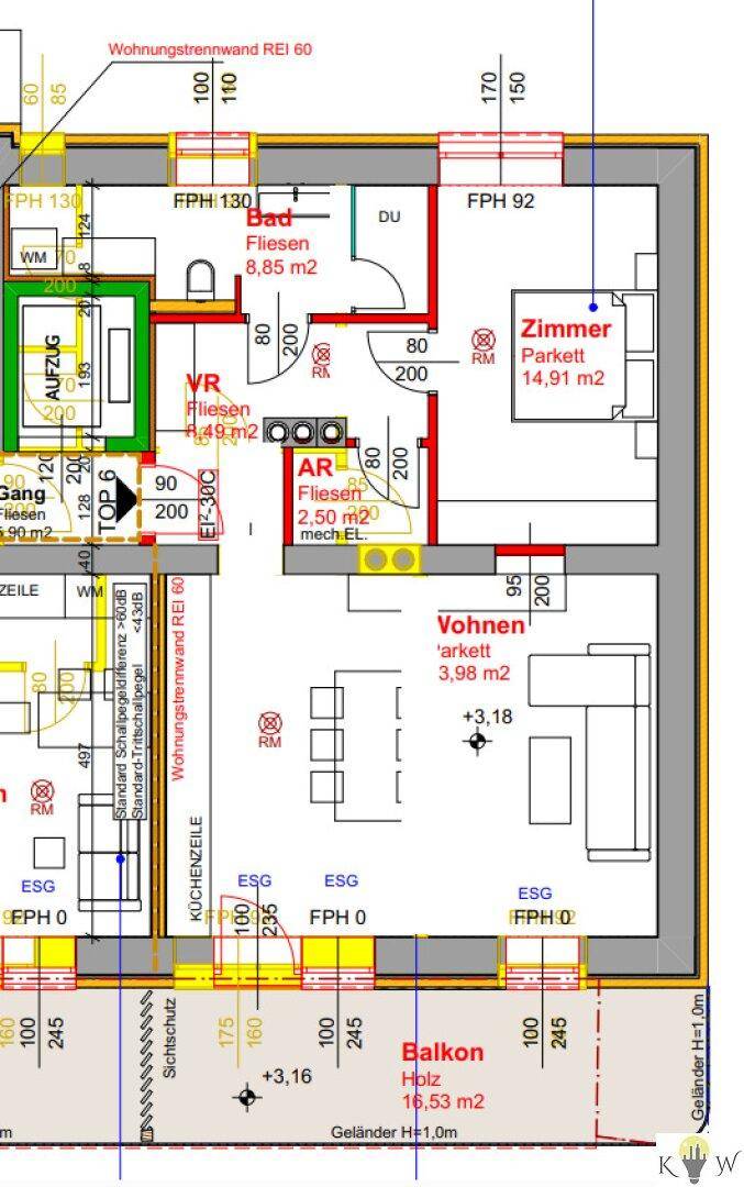 Detaillierter Grundriss einer Wohnung mit Bad, Zimmer, Wohnbereich und Balkon.