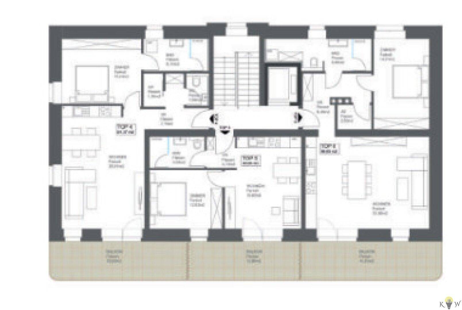 Übersichtlicher Grundriss einer Etage mit mehreren Wohneinheiten und Treppenhaus.