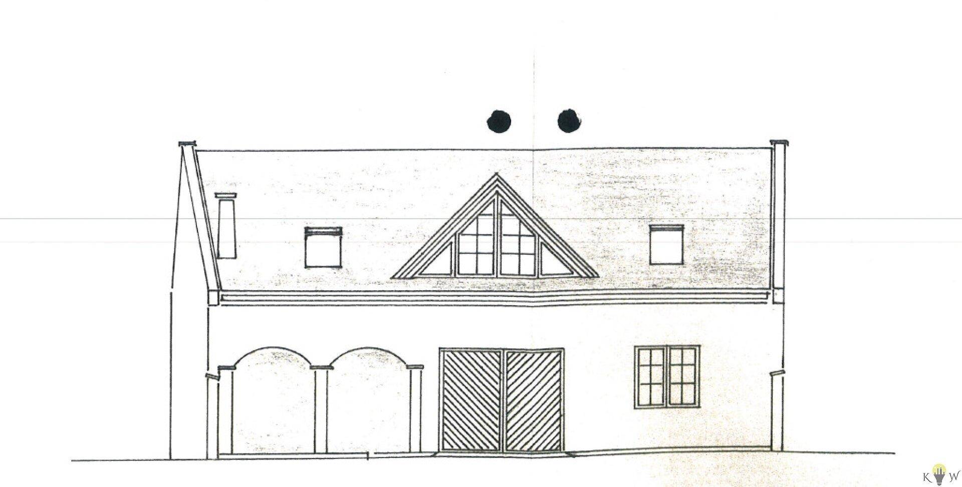 Architektonische Zeichnung der Hausfassade mit Giebelfenster und Eingangsbereich.
