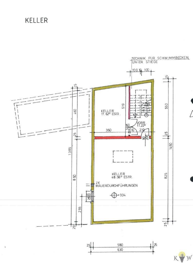 Grundriss des Kellers mit Technikraum für das Schwimmbecken und weiteren Abstellflächen.