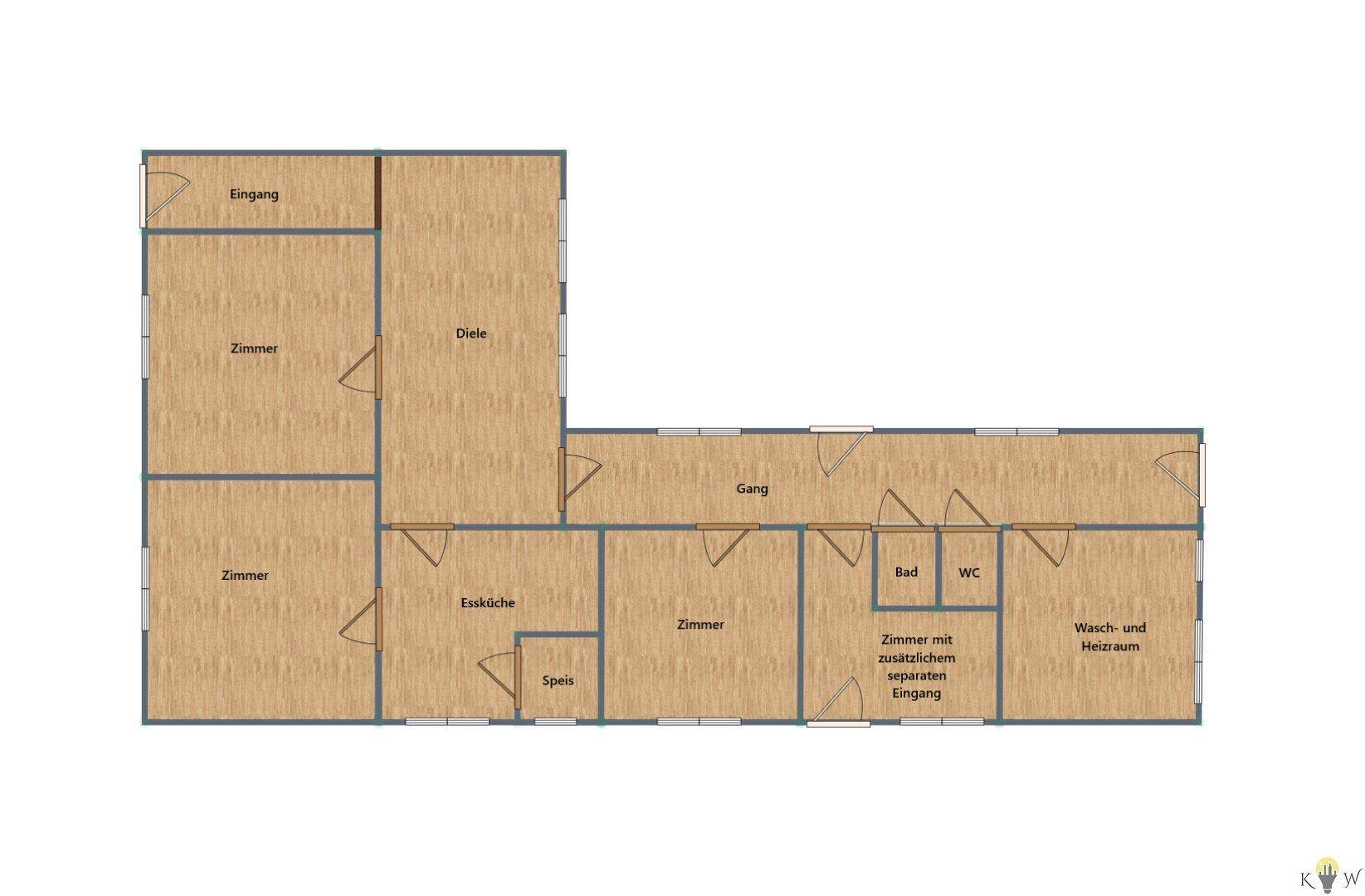 Farbiger Grundriss mit Raumbezeichnungen und Holzfußboden-Darstellung.