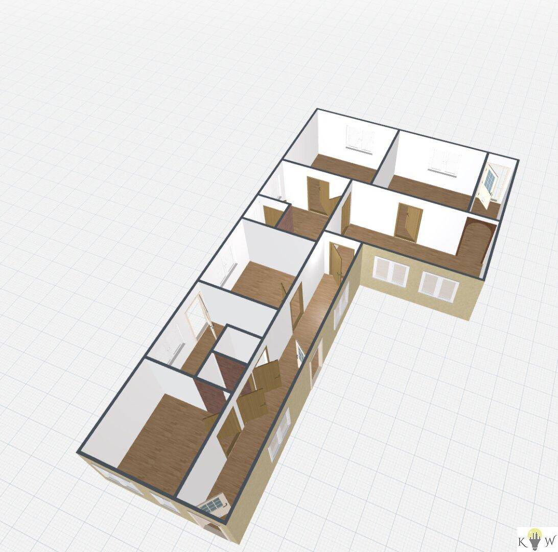 3D-Grundrissansicht mit detaillierter Raumaufteilung und Fensteröffnungen.