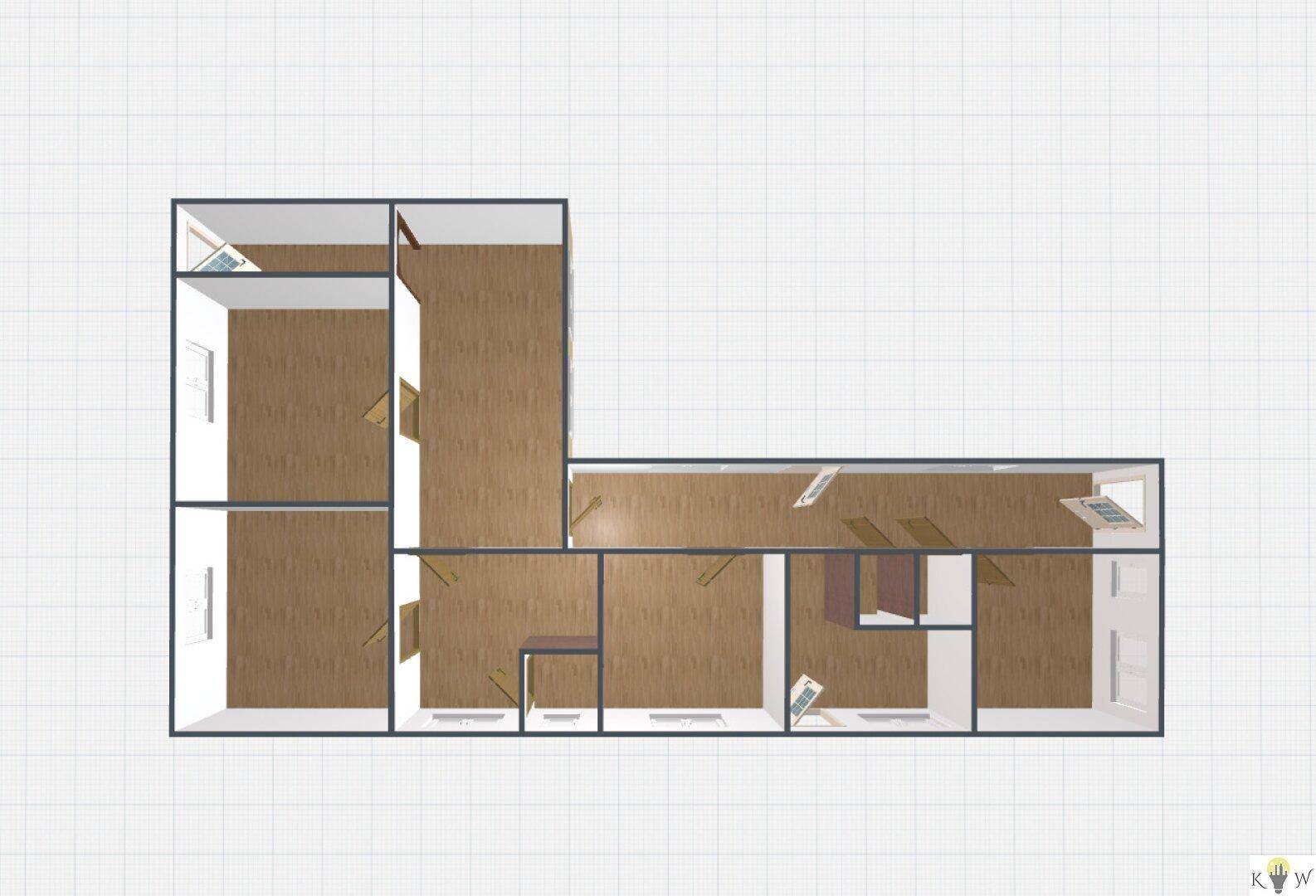 2D-Grundrissansicht mit Raumaufteilung und Fensterpositionen.