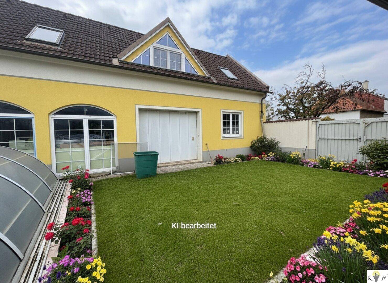 Hinterhof mit gepflegtem Rasen, bunten Blumenbeeten und einem Gewächshaus.