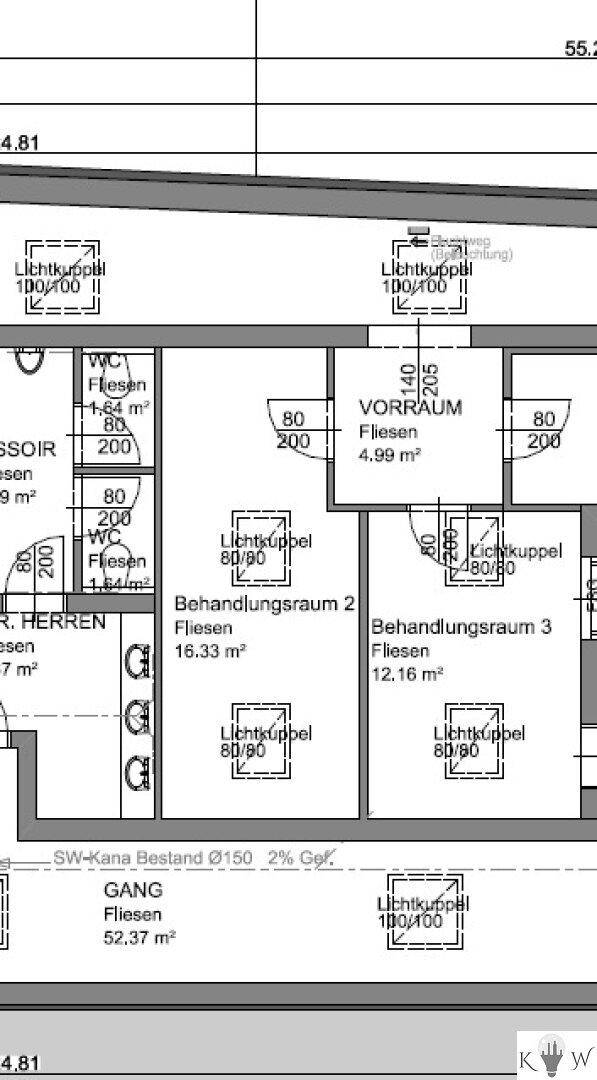 Ausschnitt eines Grundrisses mit Behandlungsräumen und Fliesenflächen.