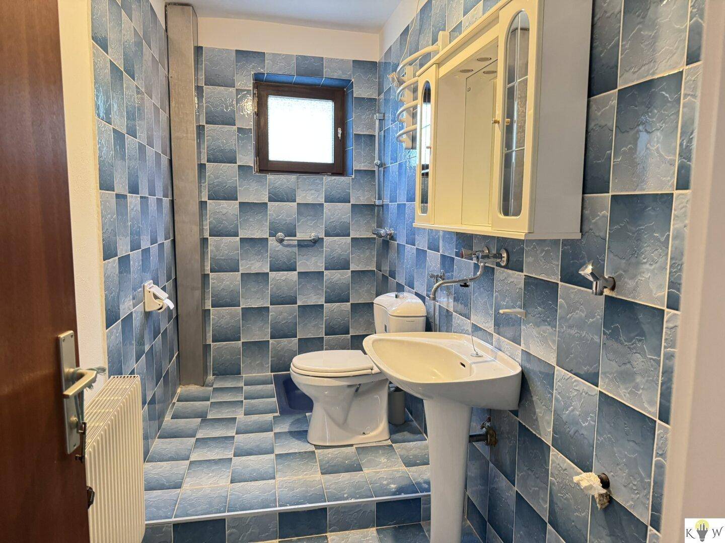 Badezimmer mit blauen Fliesen, Fenster, WC, Waschbecken und Haltegriffen.