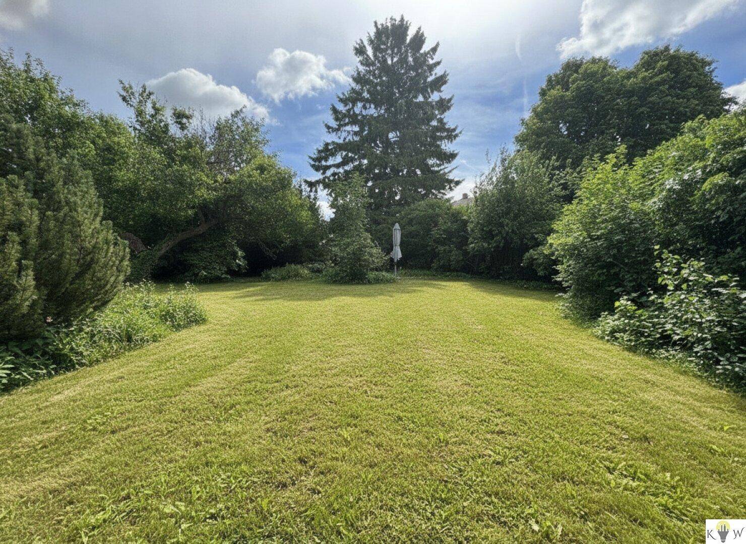 Großer, gepflegter Garten mit Rasenfläche und hohen Bäumen, ideal zum Entspannen.