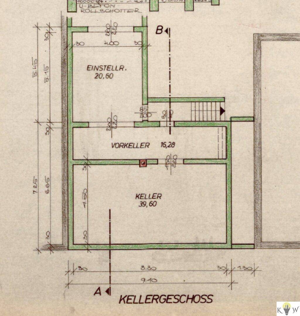 Grundriss des Kellergeschosses mit Abstellraum, Vorkeller und großem Kellerbereich.