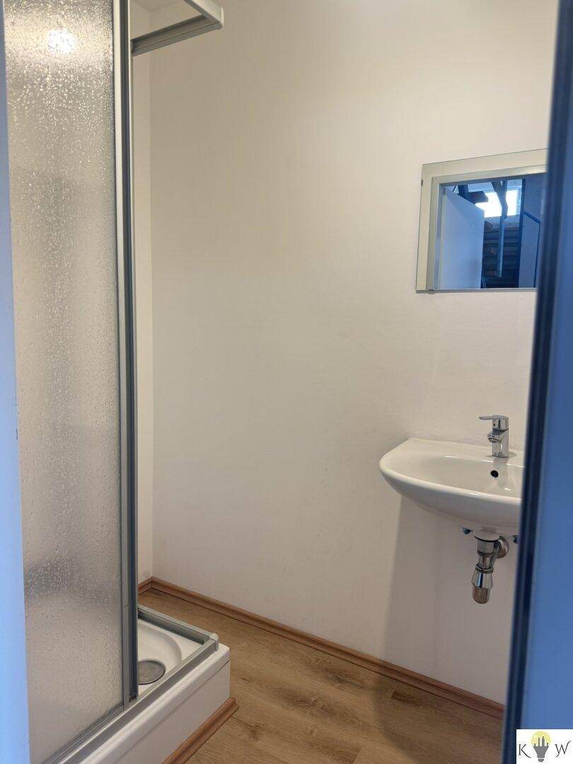Kleines Badezimmer mit Duschkabine, Waschbecken und Holzoptik-Boden.
