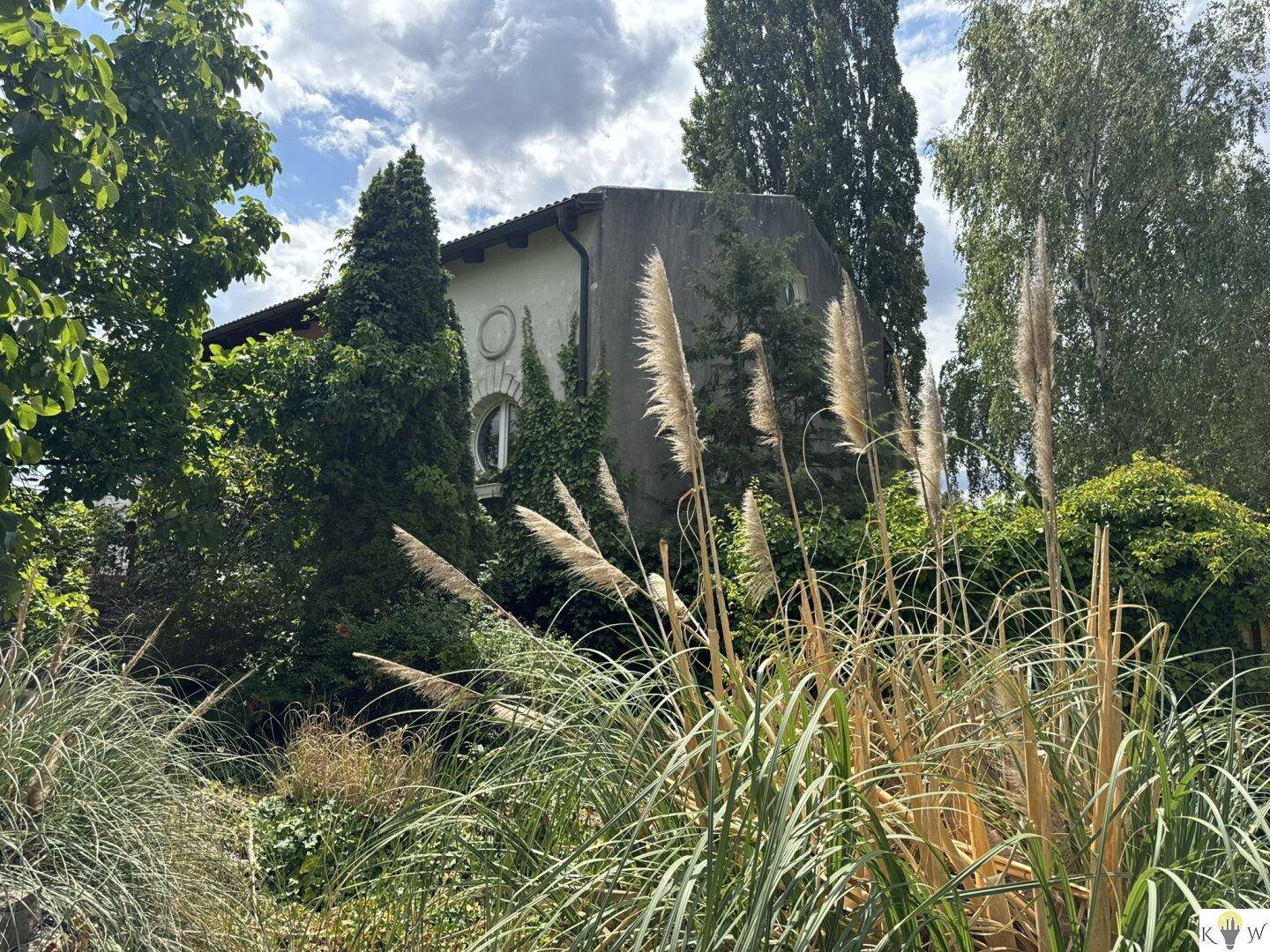 Ansicht eines älteren Gebäudes mit Rundfenster, teilweise verdeckt von hohen Gräsern und Bäumen.