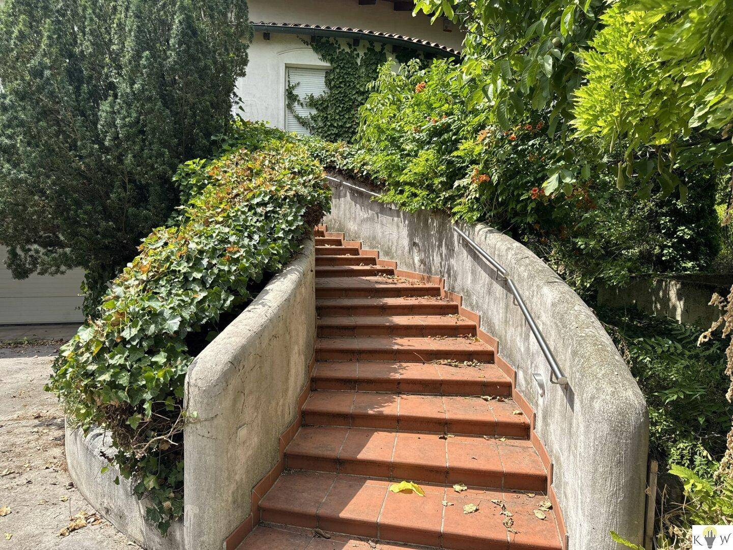 Eine geschwungene Außentreppe mit Terrakottafliesen und Betonhandläufen, umgeben von üppigem Grün.