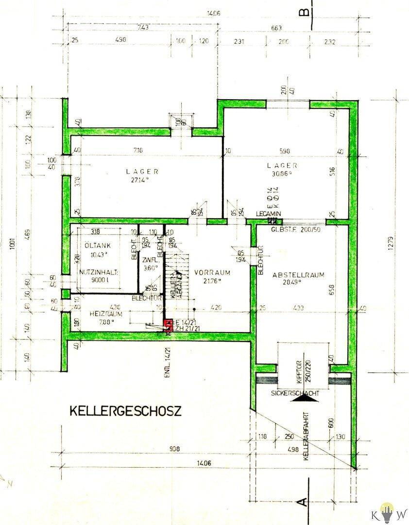 Grundriss des Kellergeschosses mit Lagerräumen, Heizraum und Öltank.