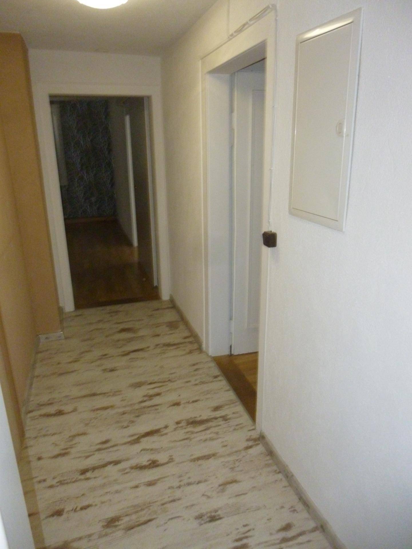Heller Flur mit Laminatboden und Zugang zu weiteren Räumen, gut beleuchtet.