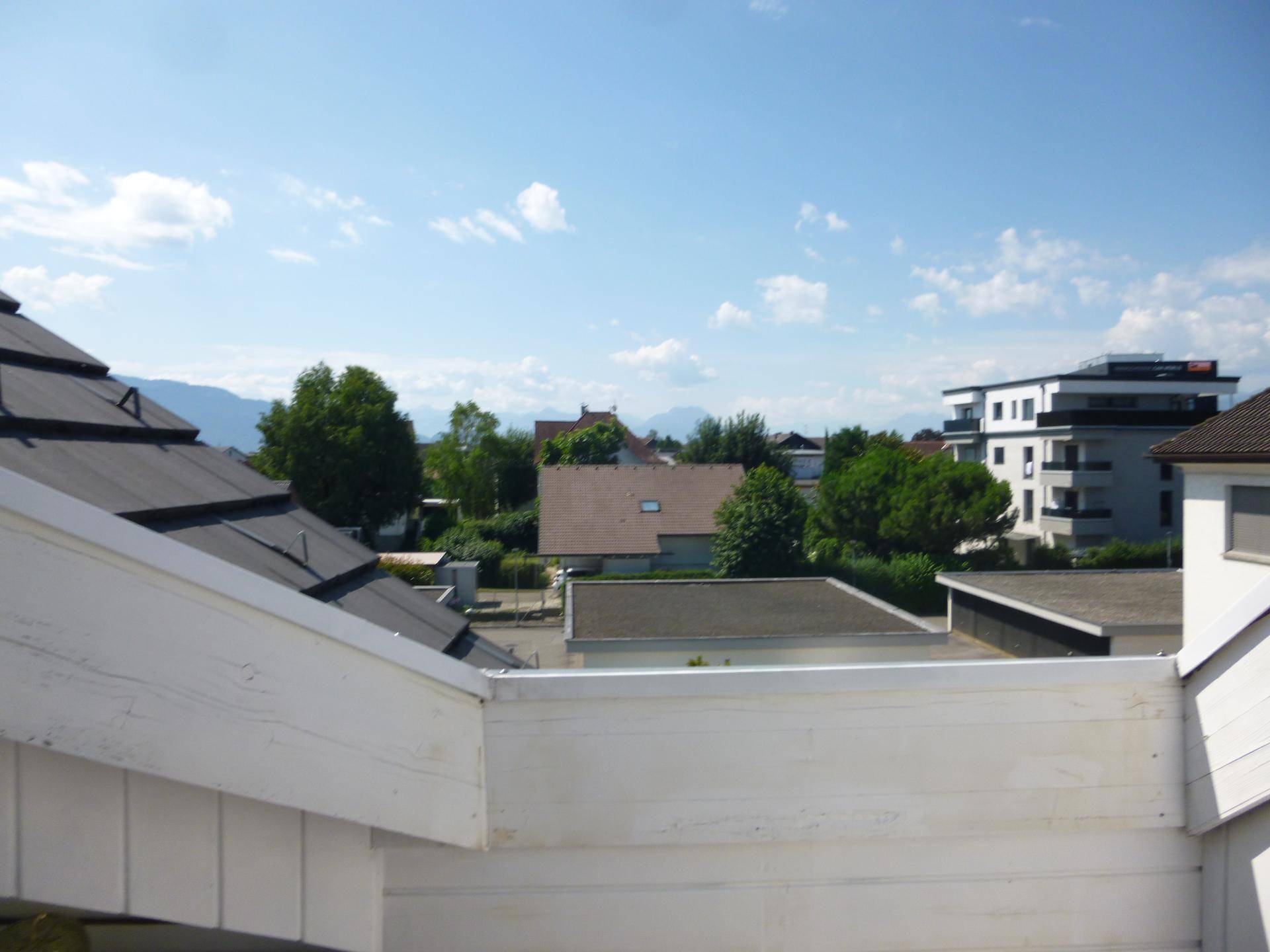 Ausblick über Dächer und grüne Umgebung mit Bergen am Horizont unter klarem Himmel.