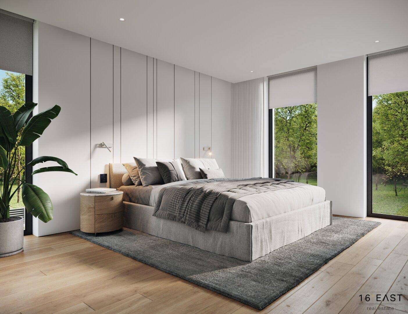 Modernes Schlafzimmer mit großem Bett, Holzelementen und bodentiefen Fenstern mit Grünblick.