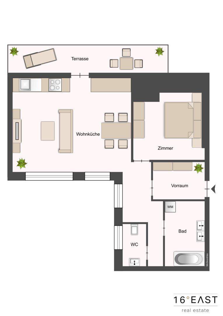 Grundriss einer Wohnung mit offener Wohnküche, Schlafzimmer, Bad, separatem WC und großer Terrasse.