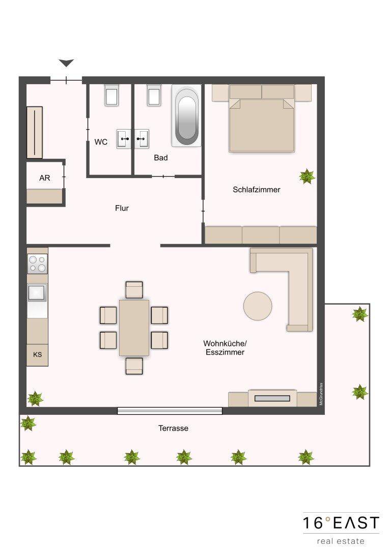 Grundriss einer Wohnung mit Schlafzimmer, offener Wohnküche/Esszimmer, Bad, WC und Terrasse mit Garten.