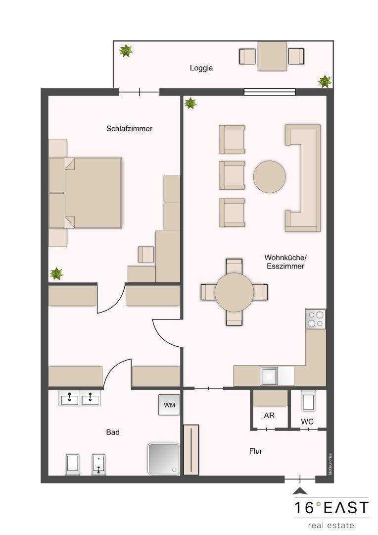 Grundriss einer Wohnung mit Schlafzimmer, Wohnküche, Bad und Loggia.