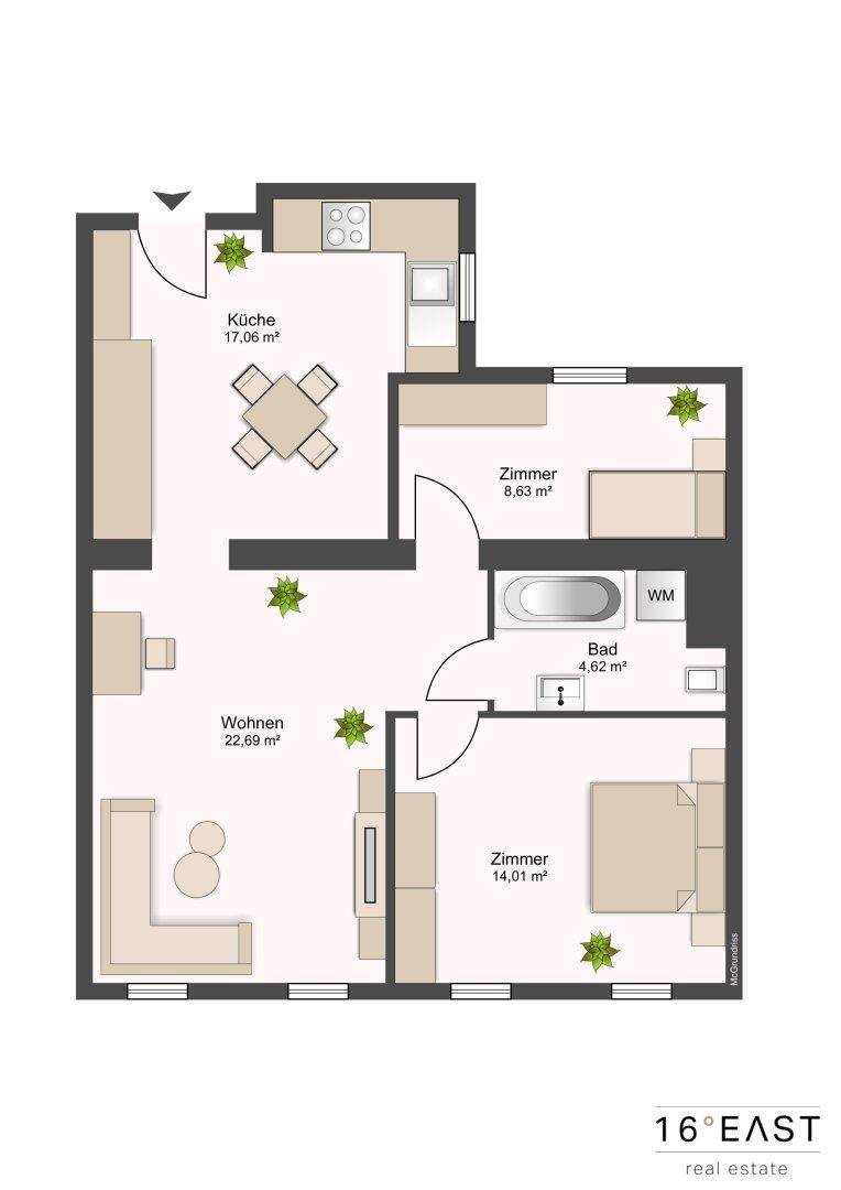 Grundriss einer Wohnung mit drei Zimmern, Küche, Bad und separatem Wohnbereich.