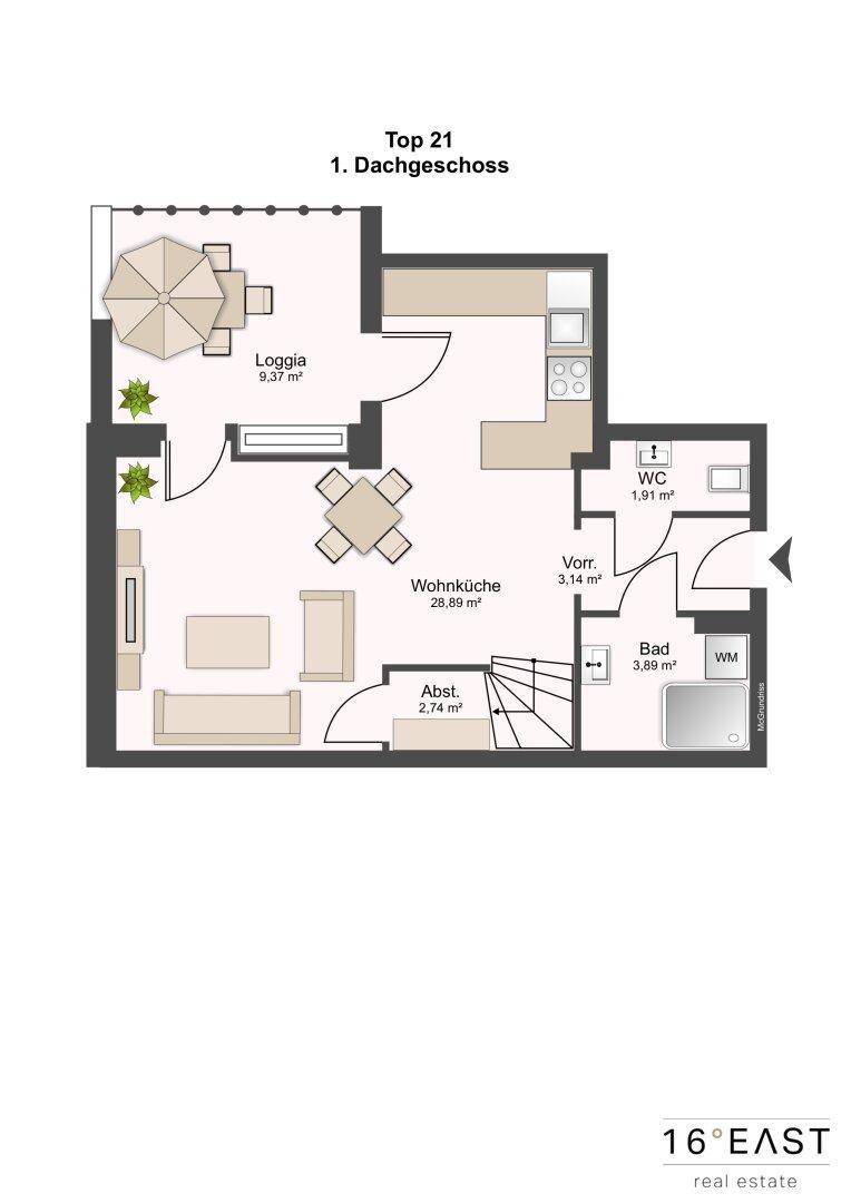 Grundriss des ersten Dachgeschosses mit Wohnküche, Loggia und separatem WC.