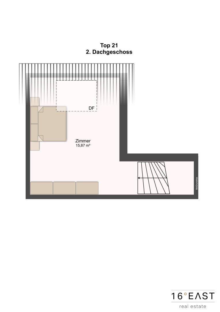 Grundriss des zweiten Dachgeschosses mit einem Zimmer und Treppenaufgang.