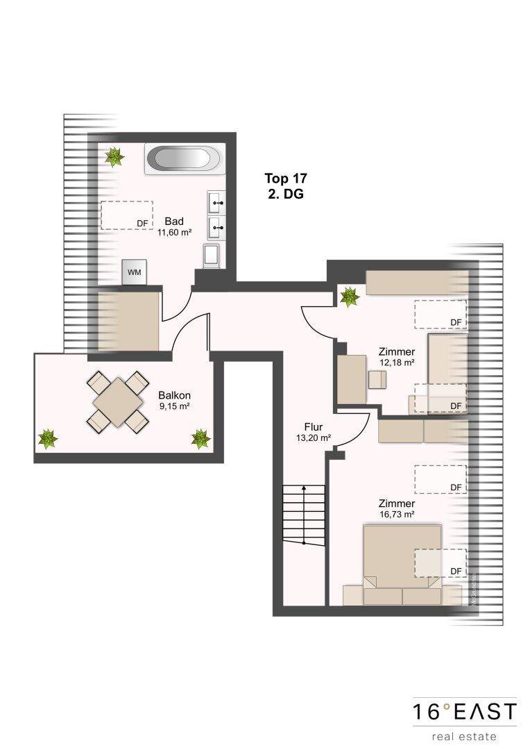 Grundriss des zweiten Dachgeschosses mit zwei Zimmern, einem Bad und einem Balkon.