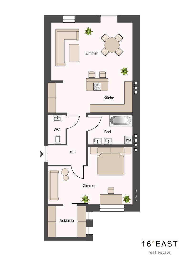 Grundriss einer Wohnung mit offener Küche, Wohnbereich, Schlafzimmer und Ankleide.