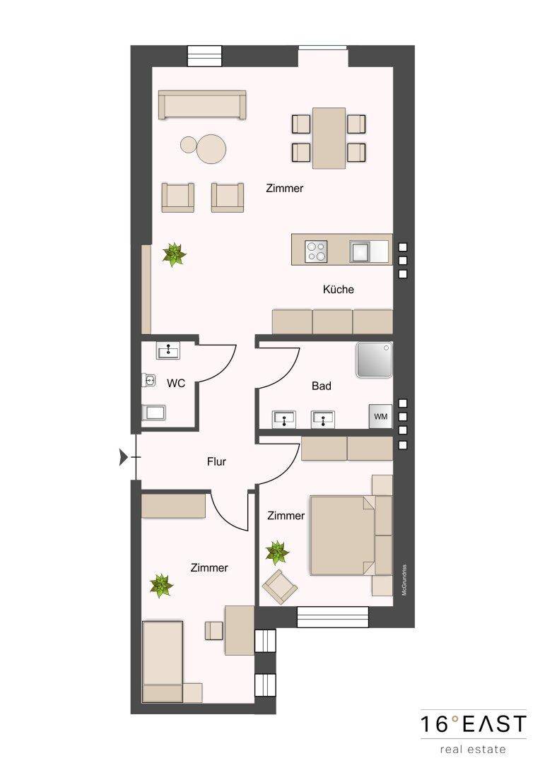 Detaillierter Grundriss einer Wohnung mit drei Zimmern, Küche, Bad und separatem WC.