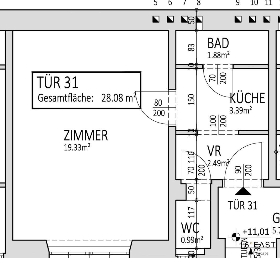 Detaillierter Grundriss einer Wohnung mit Zimmer, separatem WC und kleiner Küche.