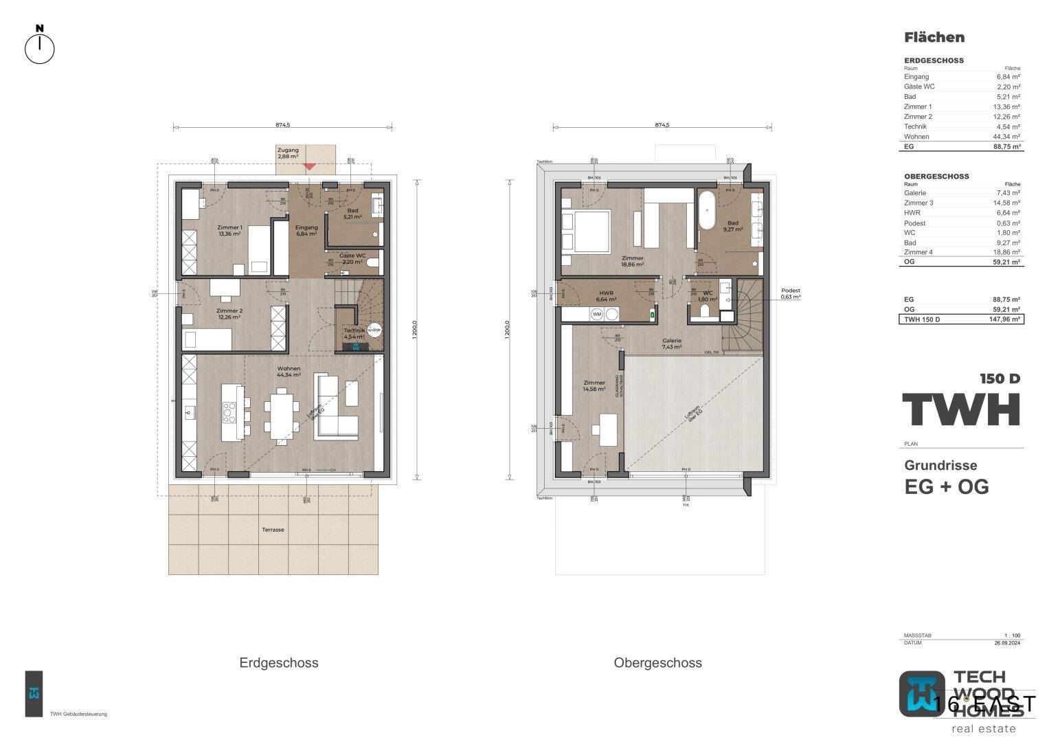 Grundrisspläne für Erdgeschoss und Obergeschoss eines Hauses mit offener Wohnküche und Terrasse.