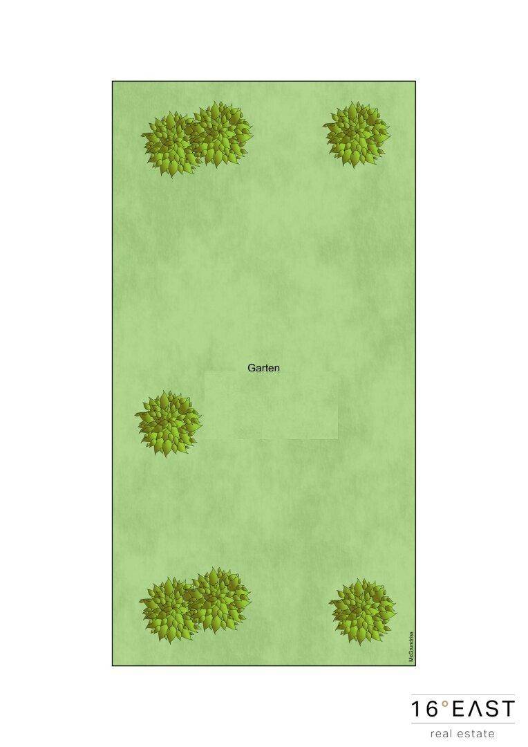 Einfacher Grundriss eines Gartens mit mehreren Baumgruppen, ideal für Erholung im Freien.