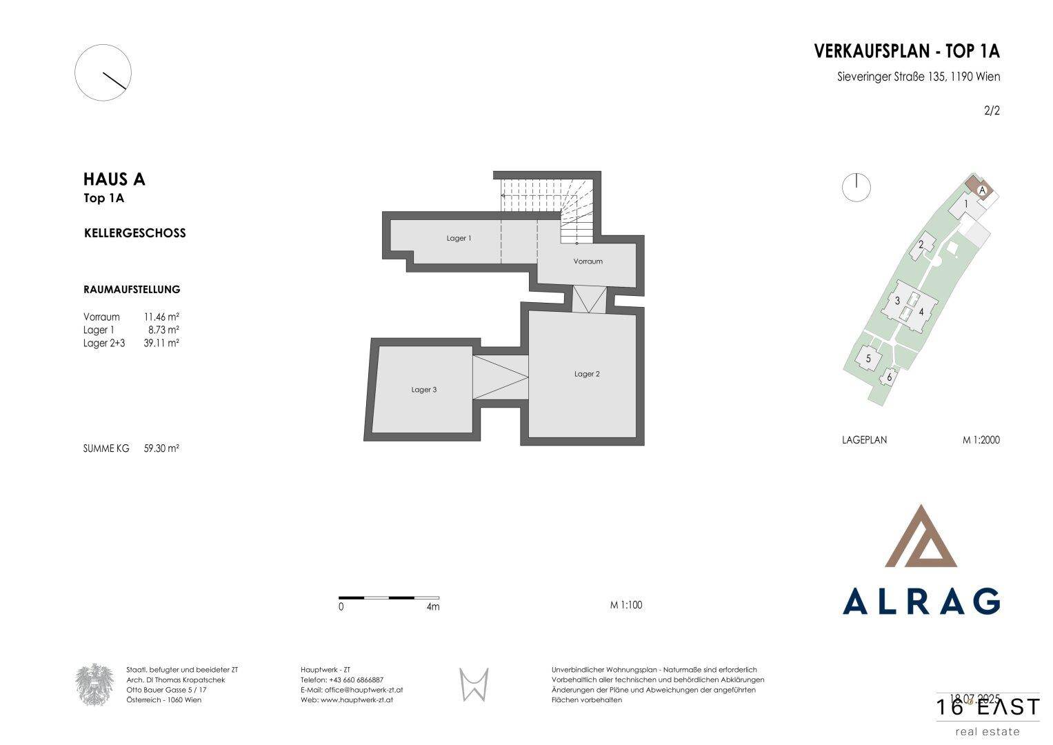 Grundriss des Kellergeschosses von Haus A, Top 1A, mit Vorraum und mehreren Lagerräumen.
