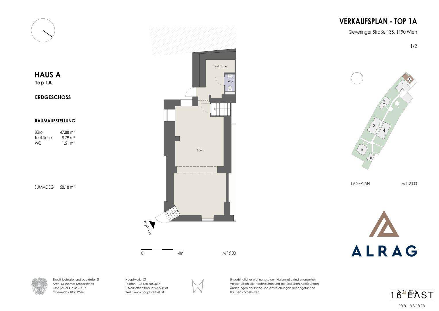 Grundriss des Erdgeschosses von Haus A, Top 1A, mit Büro, Teeküche und separatem WC.