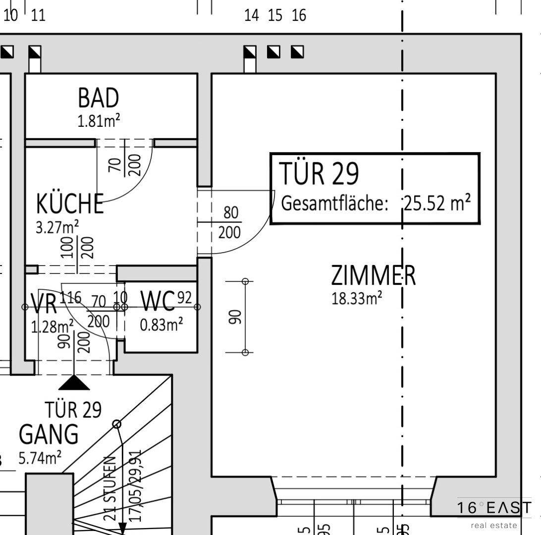 Grundriss einer Wohnung mit Zimmer, Bad, Küche, WC und Flur, inklusive Flächenangaben.
