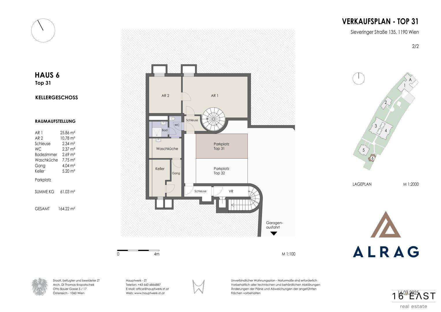 Grundriss des Kellergeschosses von Haus 6, Top 31, mit Parkplatz und Abstellräumen.